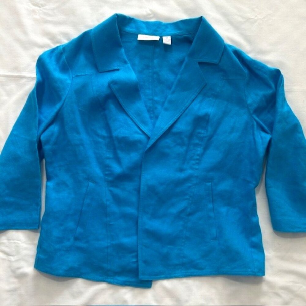 Chicos Ladies Drape Jacket sz 2 Aqua Blue 3/4 Sleeves 100% Linen